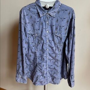 Rock & Roll Cowgirl Blue Cactus and steer Print Shirt with pearl snaps